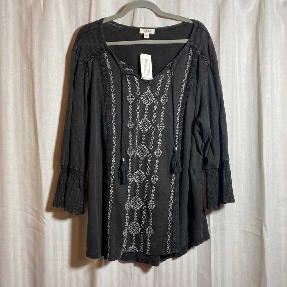 Style & Co Womens 4X Black Boho Embroidered Tassel Peasant Top Blouse Bohemian